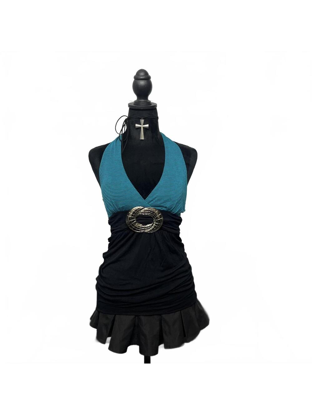 Vintage Cantata USA Sz S Blue & Black Going Out Halter Top/ Mini Dress 2000s